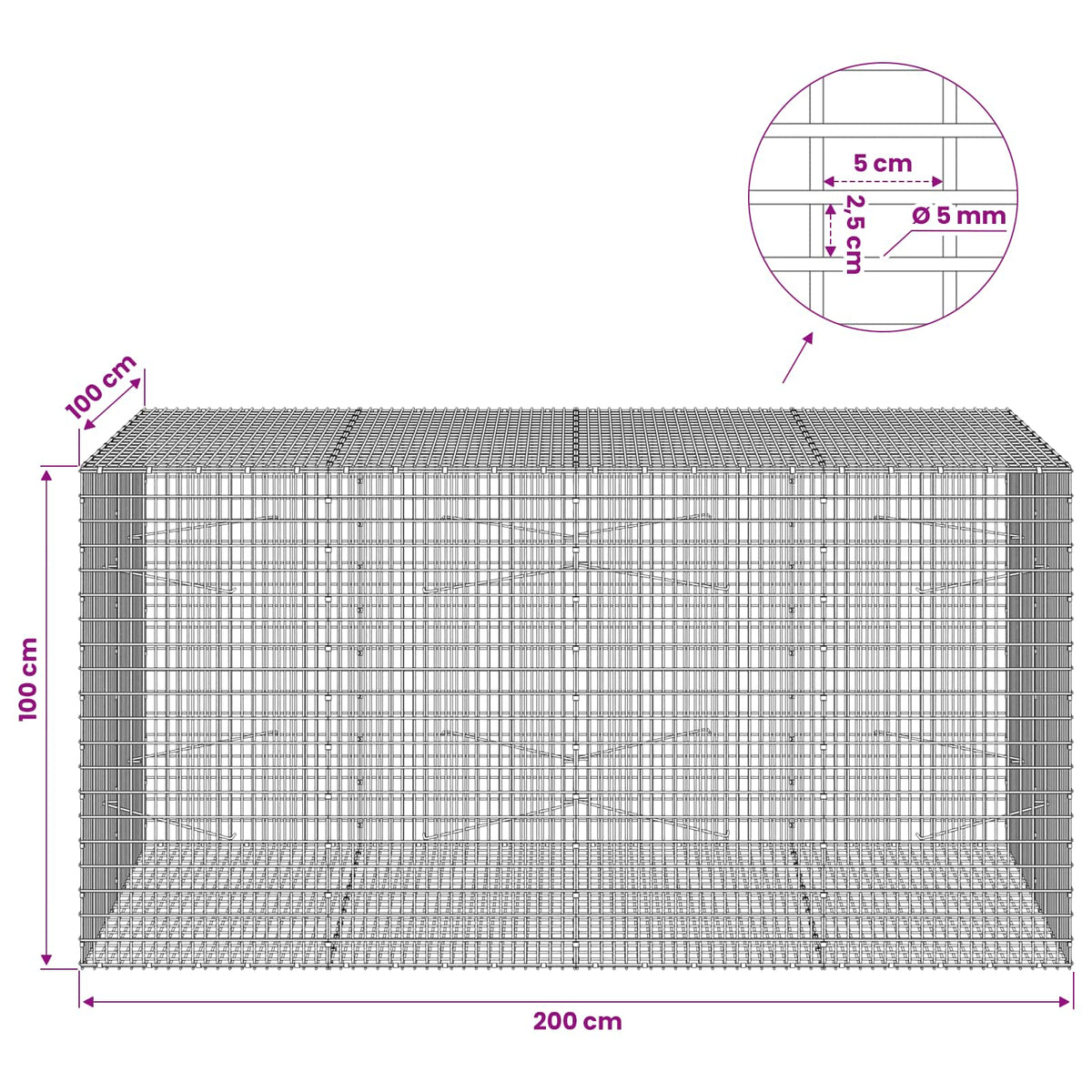 Gabionas su 5 mm viela ir 5x2,5 cm tinkleliu 200x100x100 cm