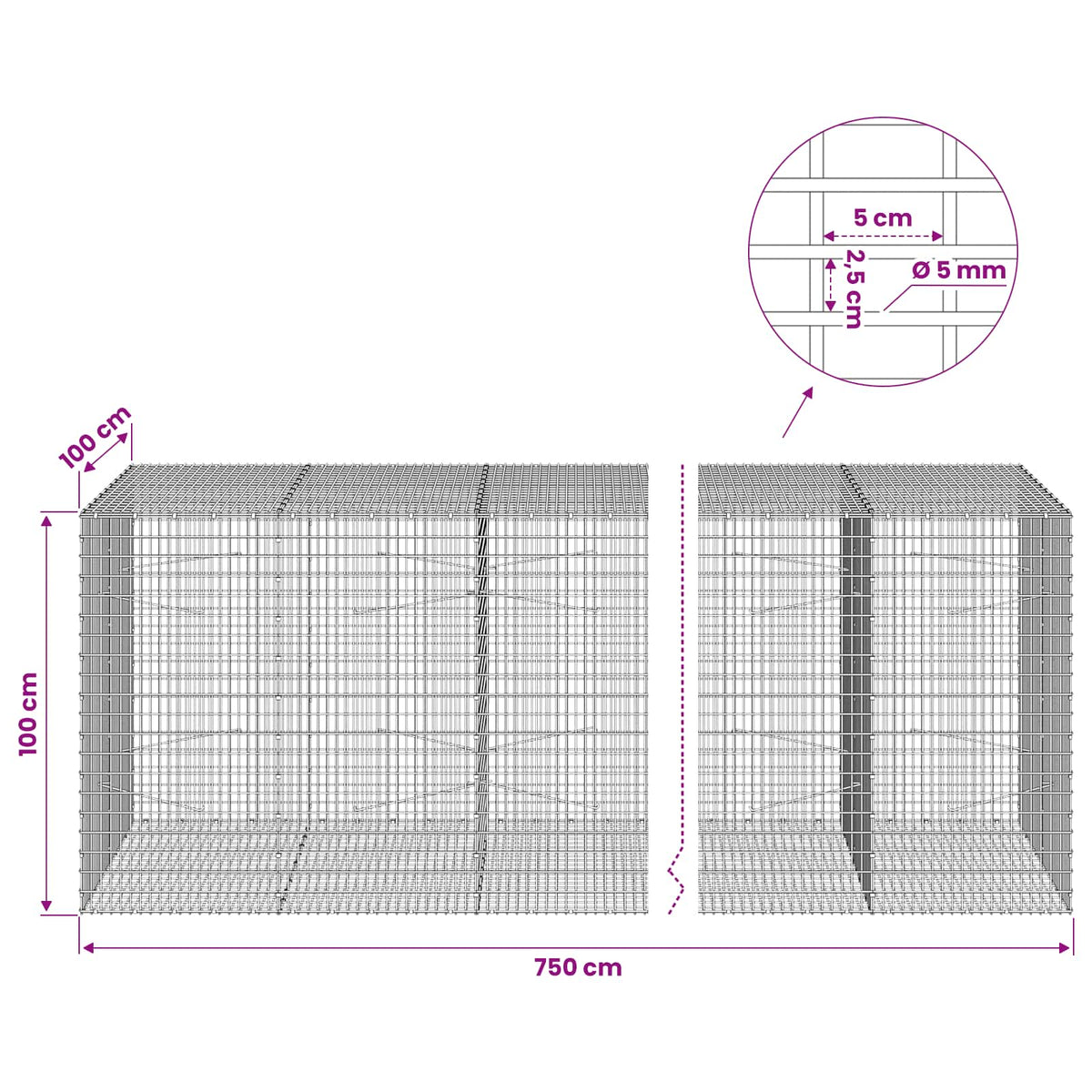 Gabionas su 5 mm viela ir 5x2,5 cm tinkleliu 750x100x100 cm