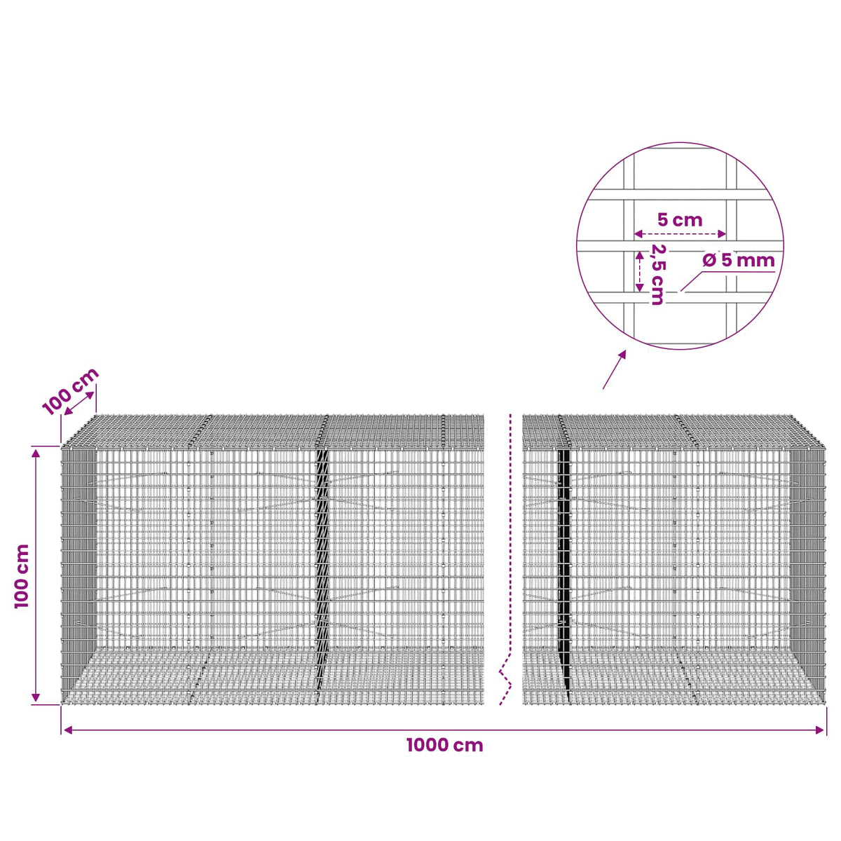 Gabionas su 5 mm viela ir 5x2,5 cm tinkleliu 1000x100x100 cm