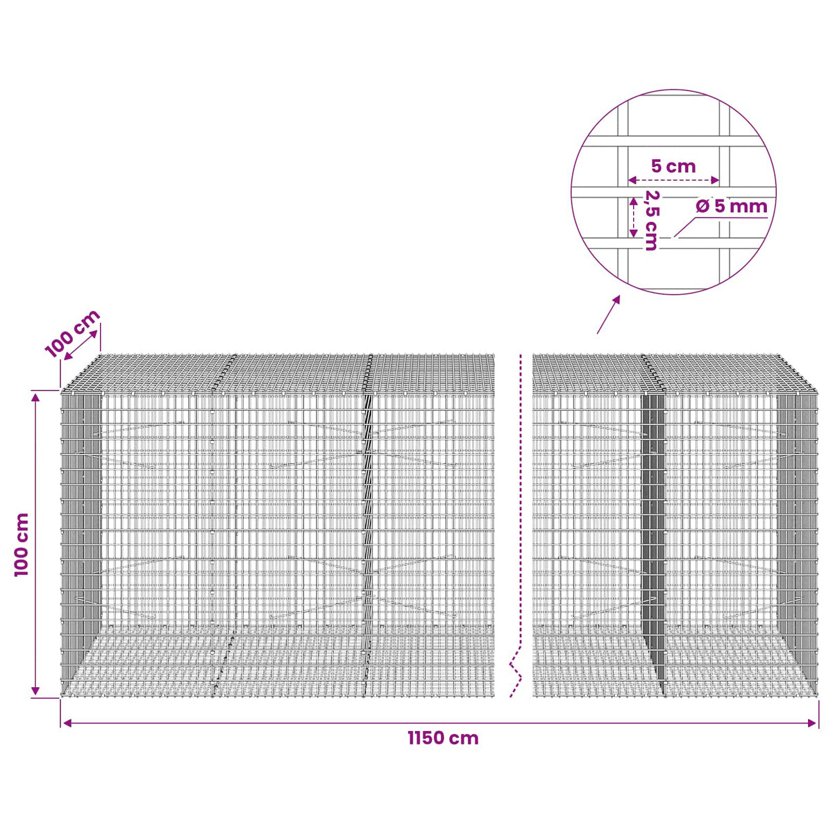 Gabionas su 5 mm viela ir 5x2,5 cm tinkleliu 1150x100x100 cm