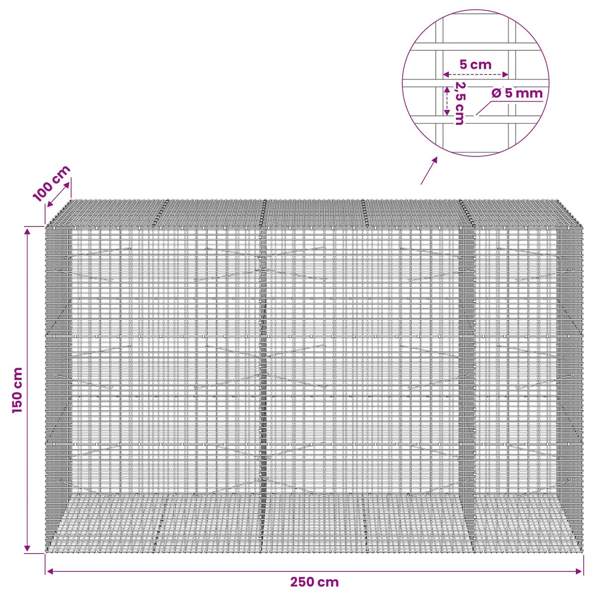 Gabionas su 5 mm viela ir 5x2,5 cm tinkleliu 250x100x150 cm