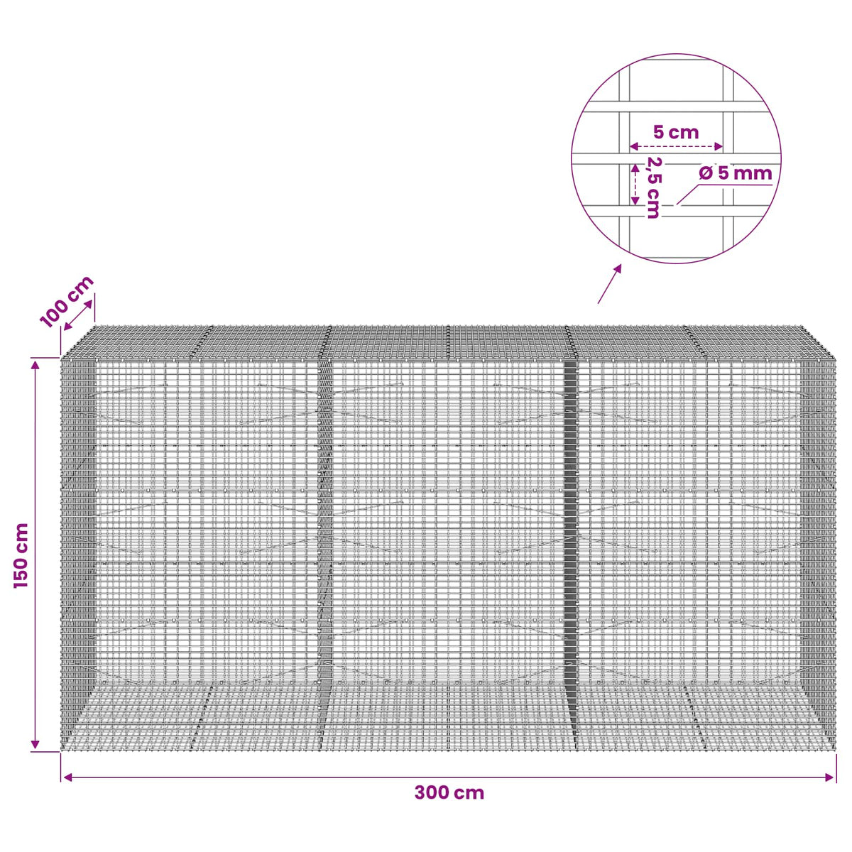 Gabionas su 5 mm viela ir 5x2,5 cm tinkleliu 300x100x150 cm