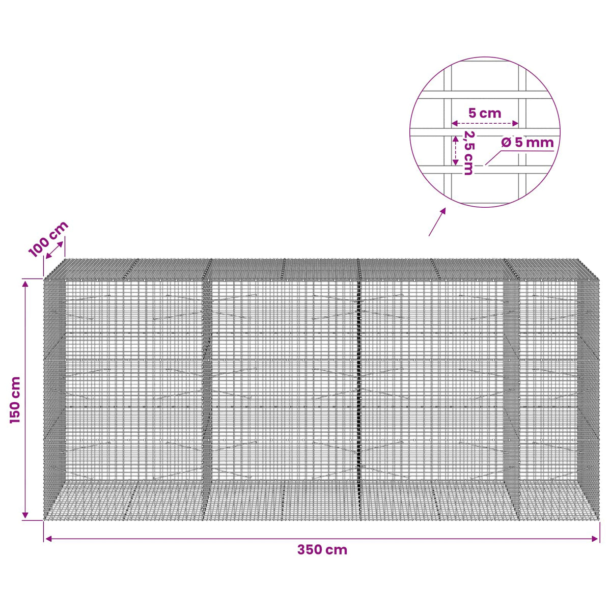 Gabionas su 5 mm viela ir 5x2,5 cm tinkleliu 350x100x150 cm