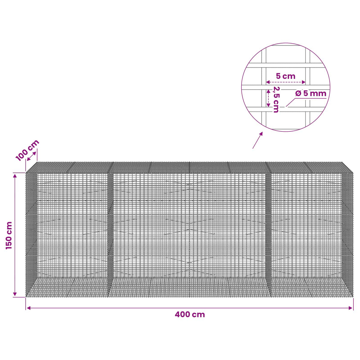 Gabionas su 5 mm viela ir 5x2,5 cm tinkleliu 400x100x150 cm