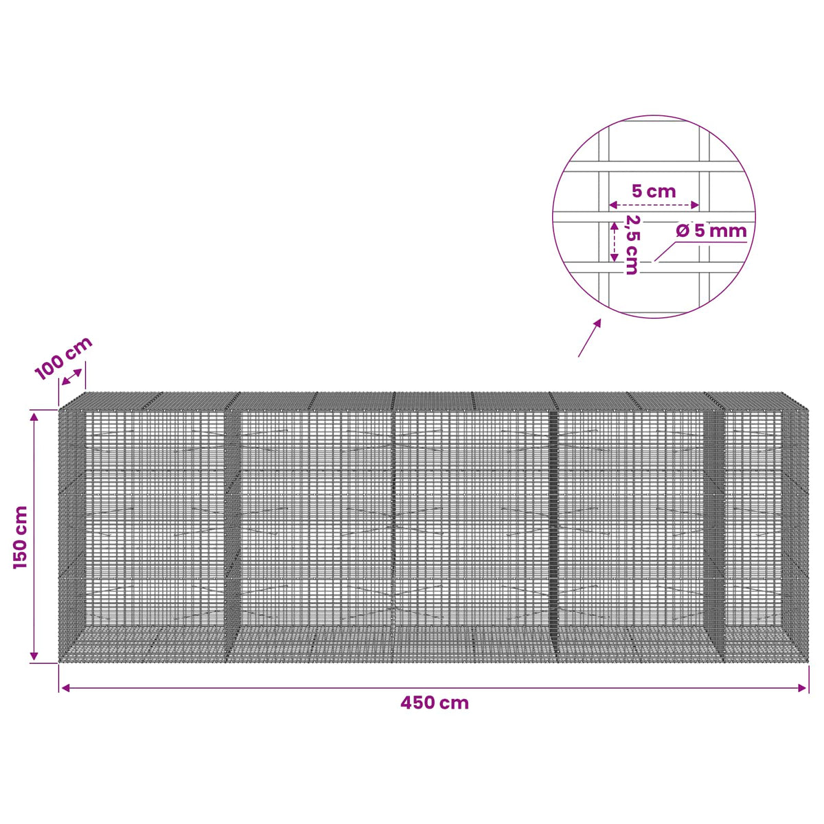 Gabionas su 5 mm viela ir 5x2,5 cm tinkleliu 450x100x150 cm