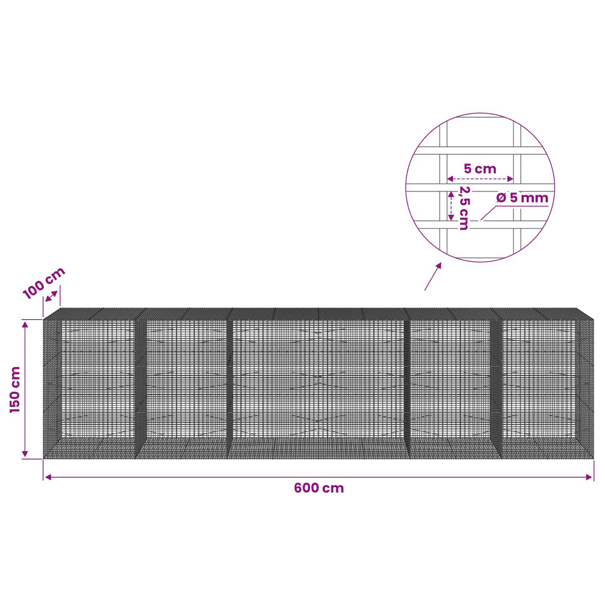 Gabionas su 5 mm viela ir 5x2,5 cm tinkleliu 600x100x150 cm
