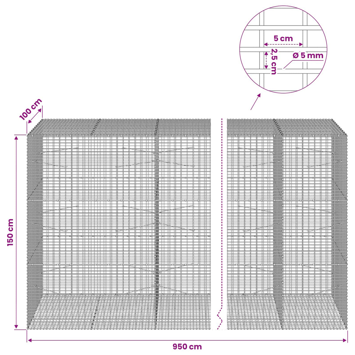 Gabionas su 5 mm viela ir 5x2,5 cm tinkleliu 950x100x150 cm