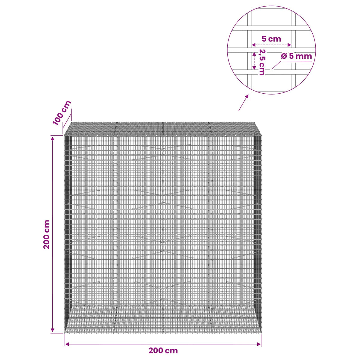 Gabionas su 5 mm viela ir 5x2,5 cm tinkleliu 200x100x200 cm