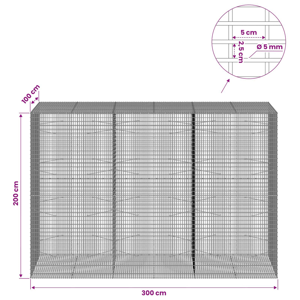 Gabionas su 5 mm viela ir 5x2,5 cm tinkleliu 300x100x200 cm