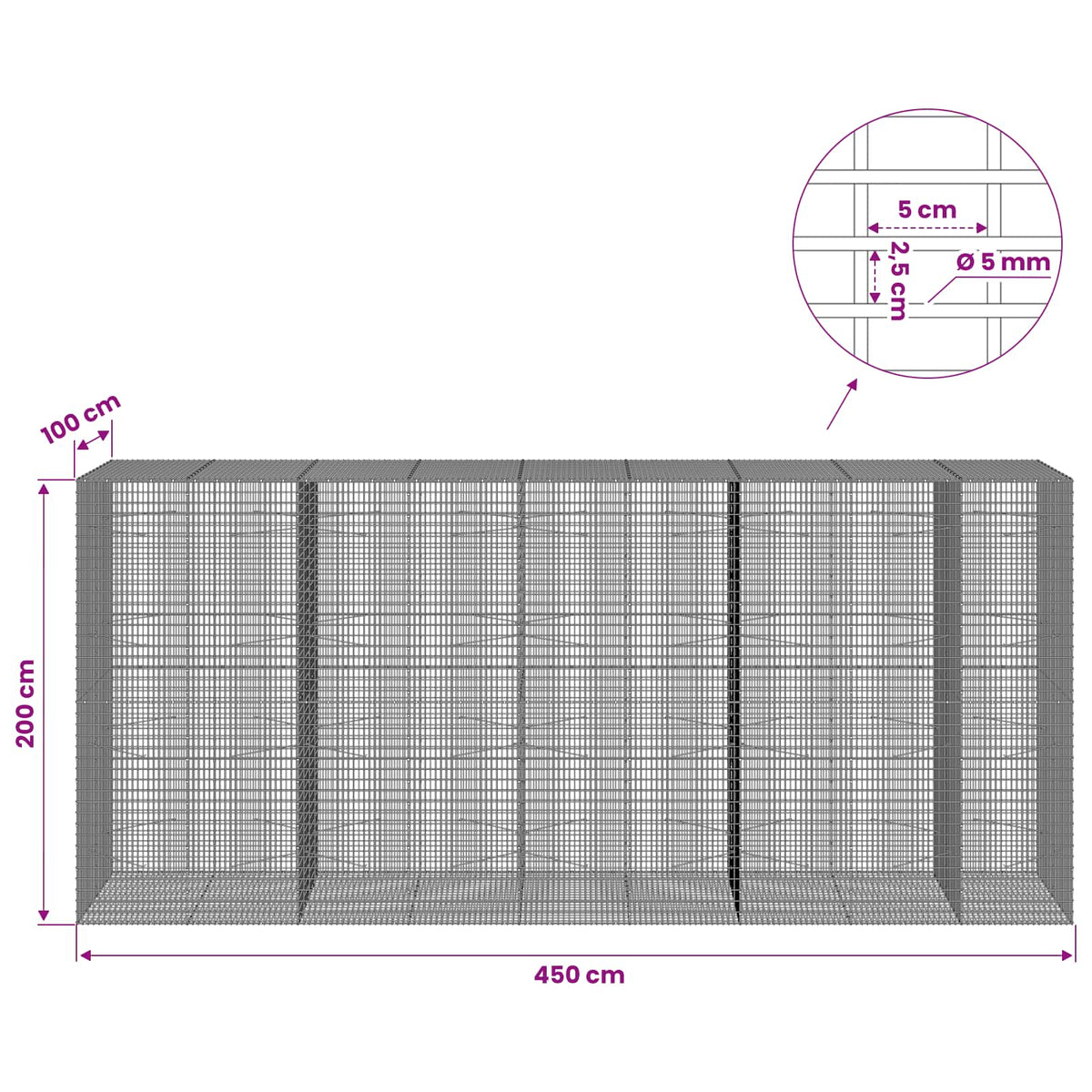 Gabionas su 5 mm viela ir 5x2,5 cm tinkleliu 450x100x200 cm