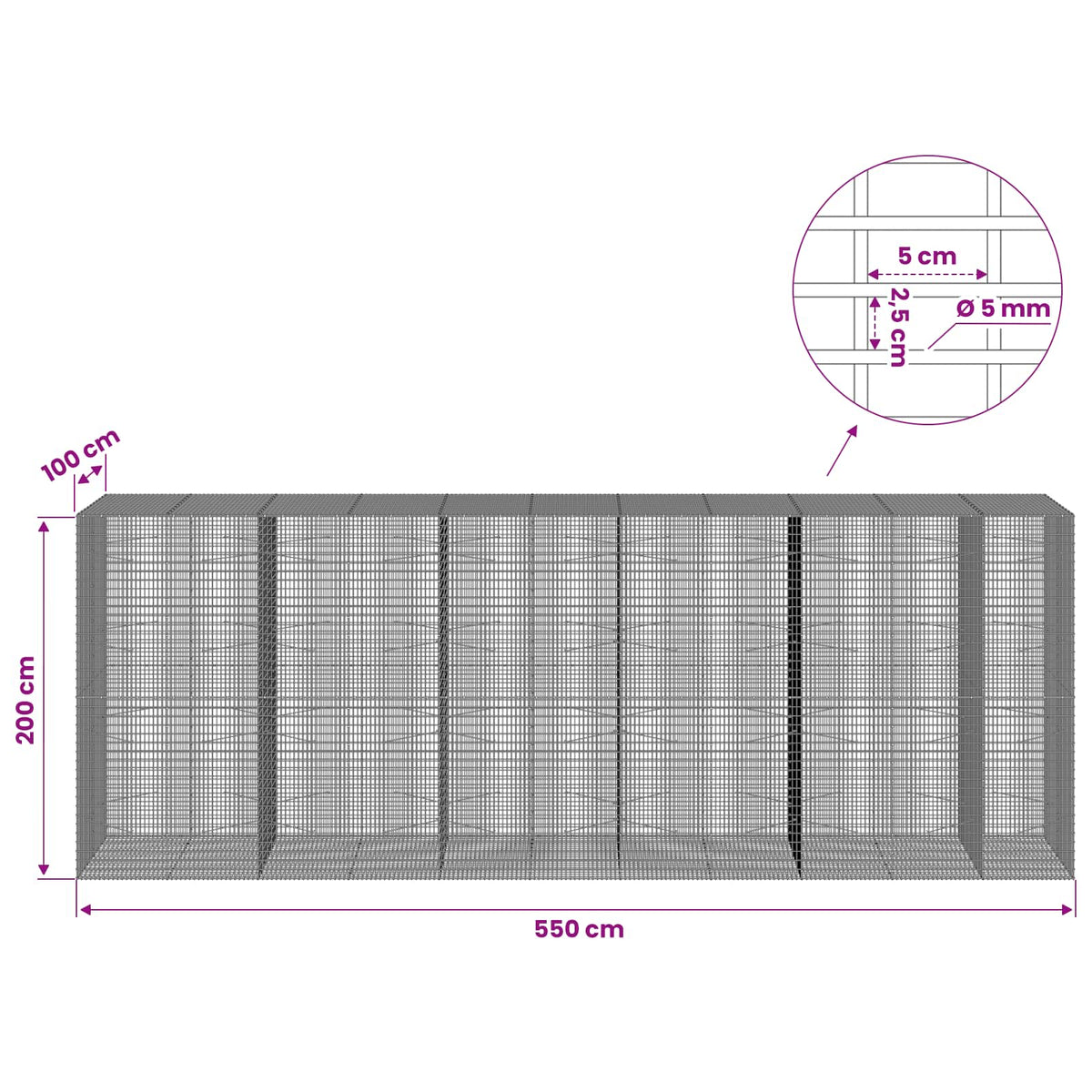 Gabionas su 5 mm viela ir 5x2,5 cm tinkleliu 550x100x200 cm