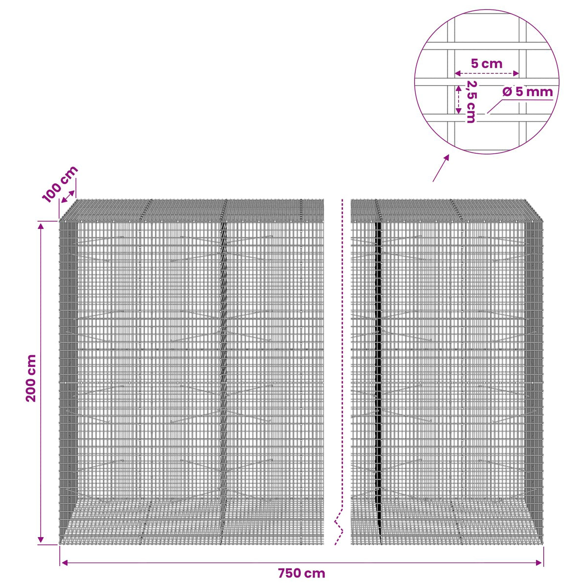 Gabionas su 5 mm viela ir 5x2,5 cm tinkleliu 750x100x200 cm