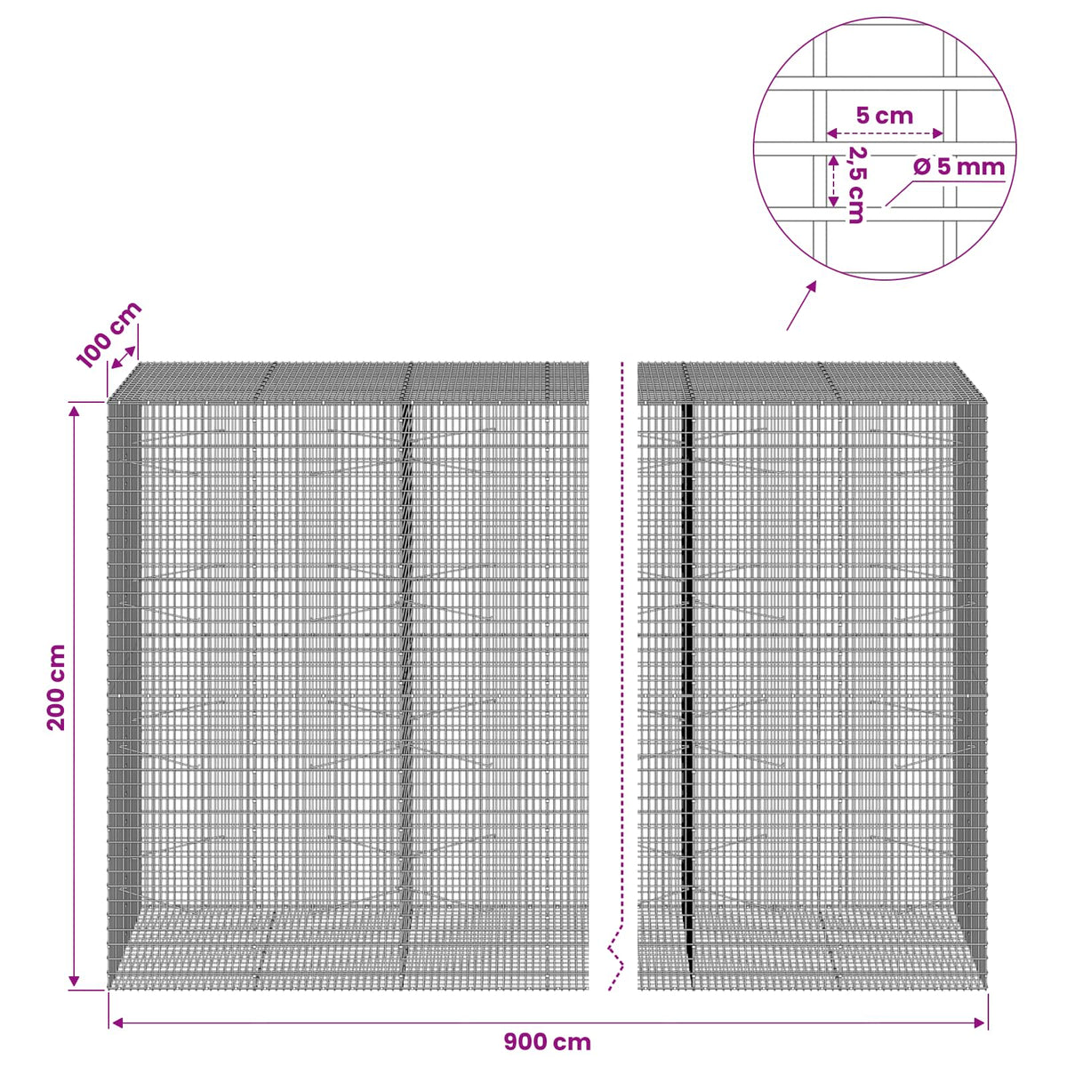 Gabionas su 5 mm viela ir 5x2,5 cm tinkleliu 900x100x200 cm