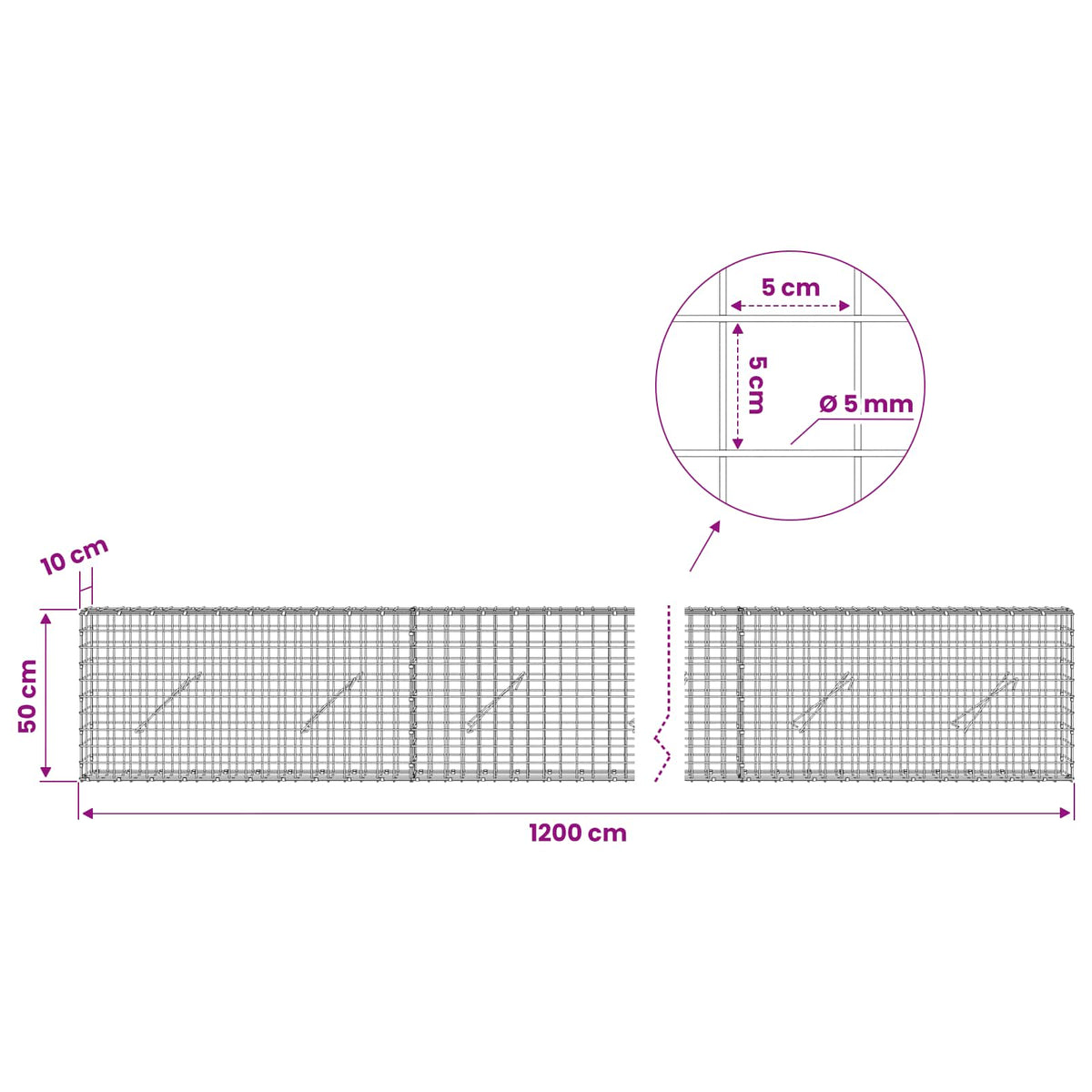 Gabionas su 5 mm viela ir 5x5 cm tinkleliu 1200x10x50 cm