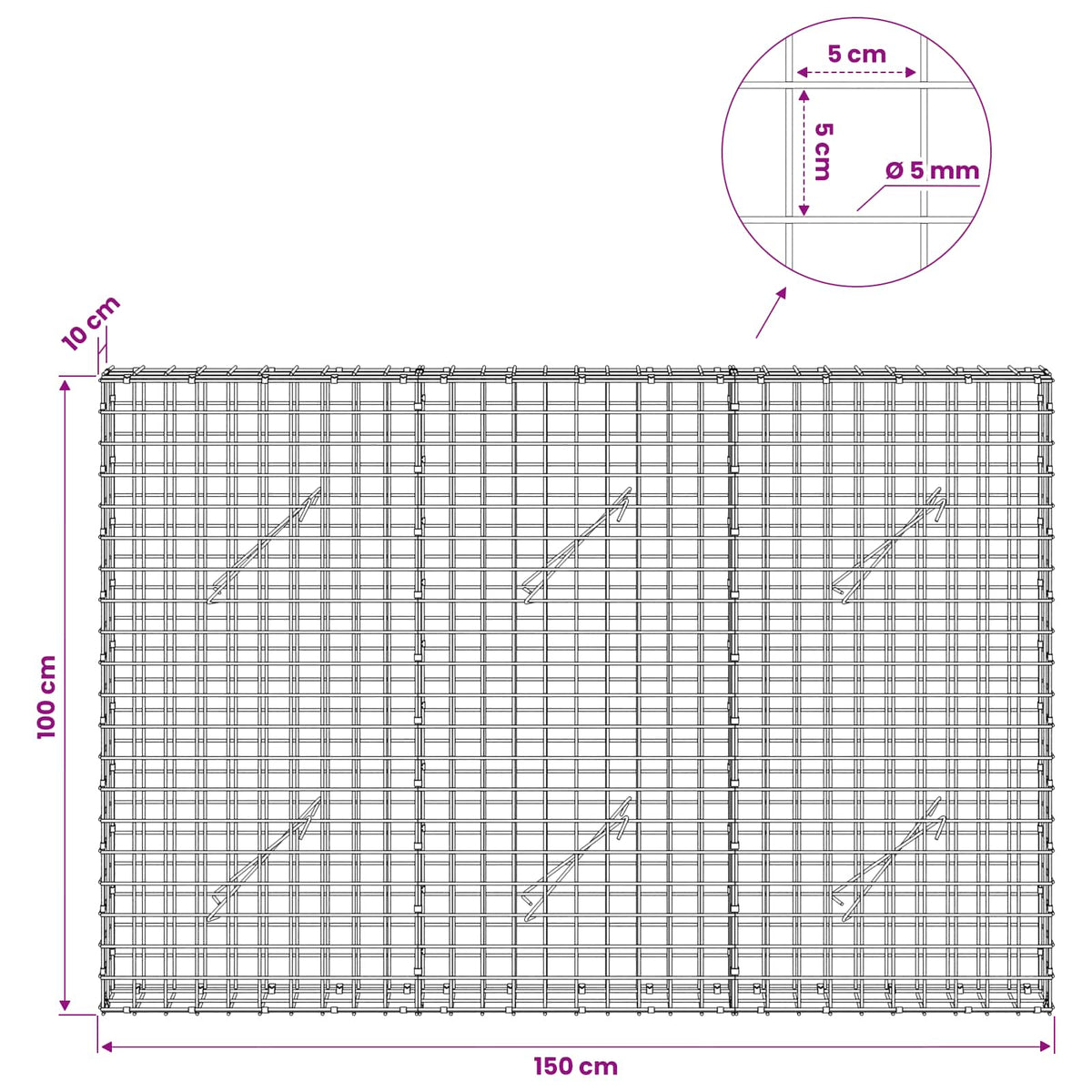 Gabionas su 5 mm viela ir 5x5 cm tinkleliu 150x10x100 cm