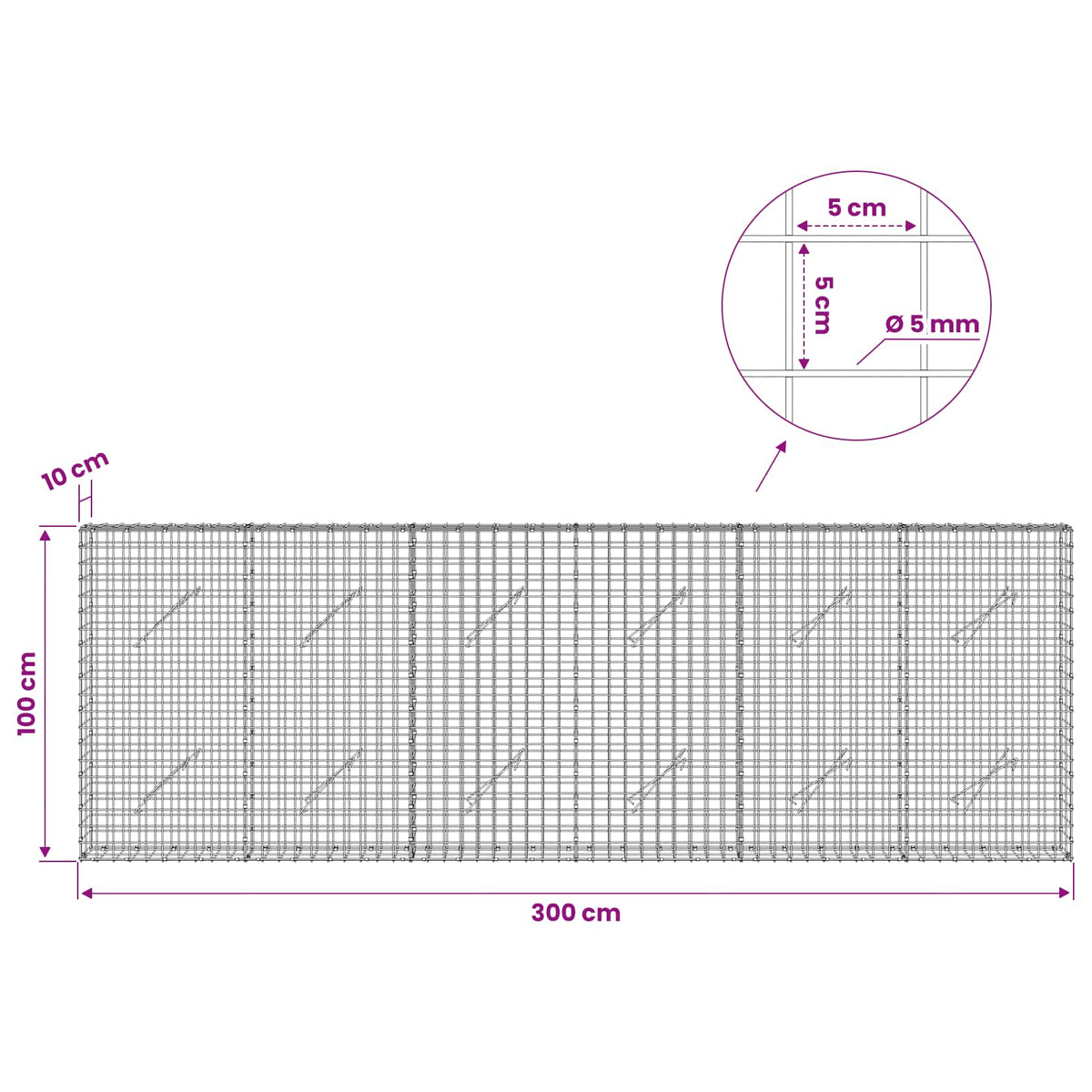 Gabionas su 5 mm viela ir 5x5 cm tinkleliu 300x10x100 cm