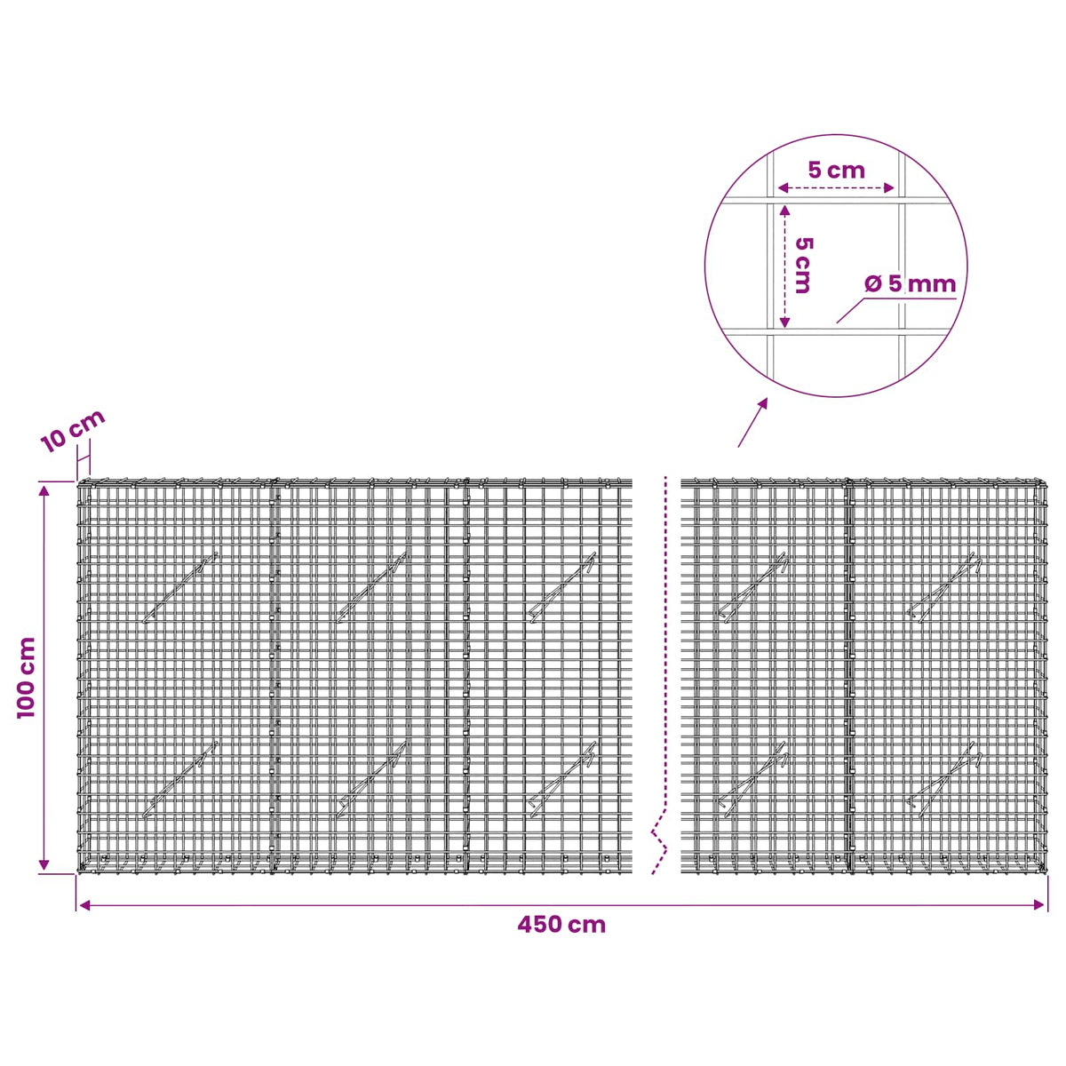 Gabionas su 5 mm viela ir 5x5 cm tinkleliu 450x10x100 cm