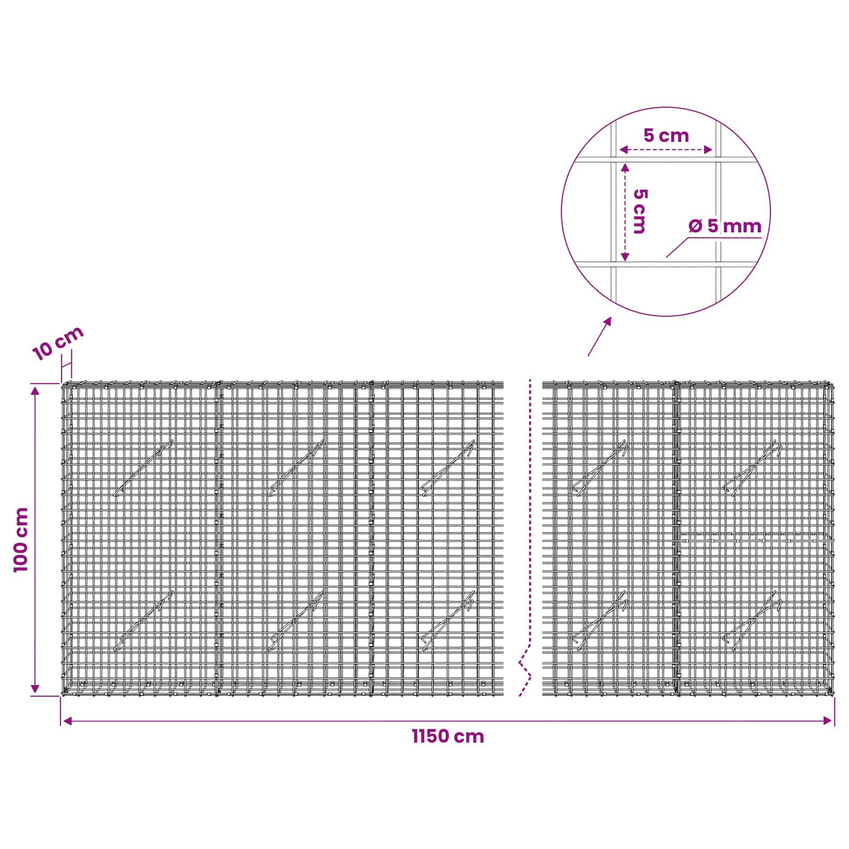 Gabionas su 5 mm viela ir 5x5 cm tinkleliu 1150x10x100 cm