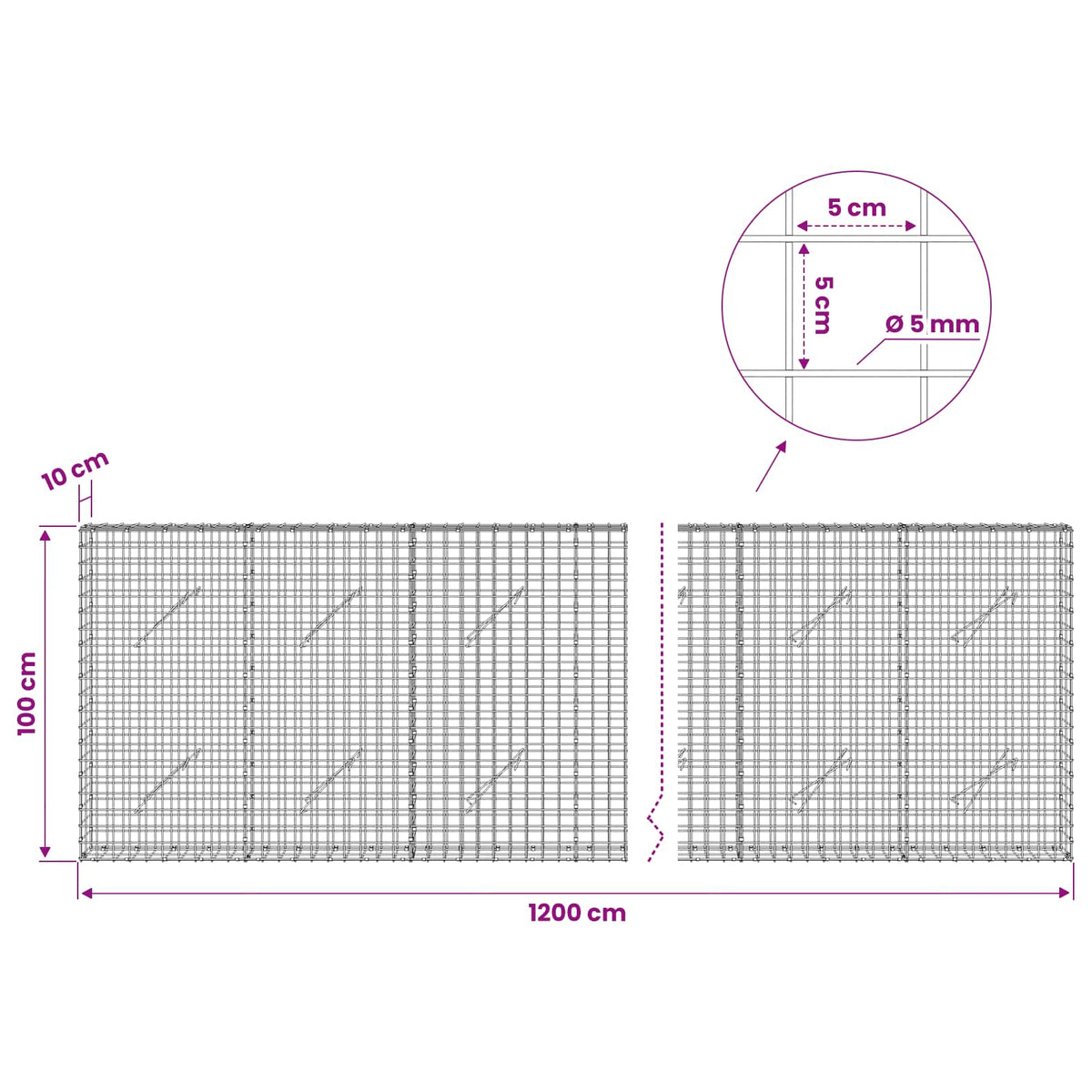 Gabionas su 5 mm viela ir 5x5 cm tinkleliu 1200x10x100 cm