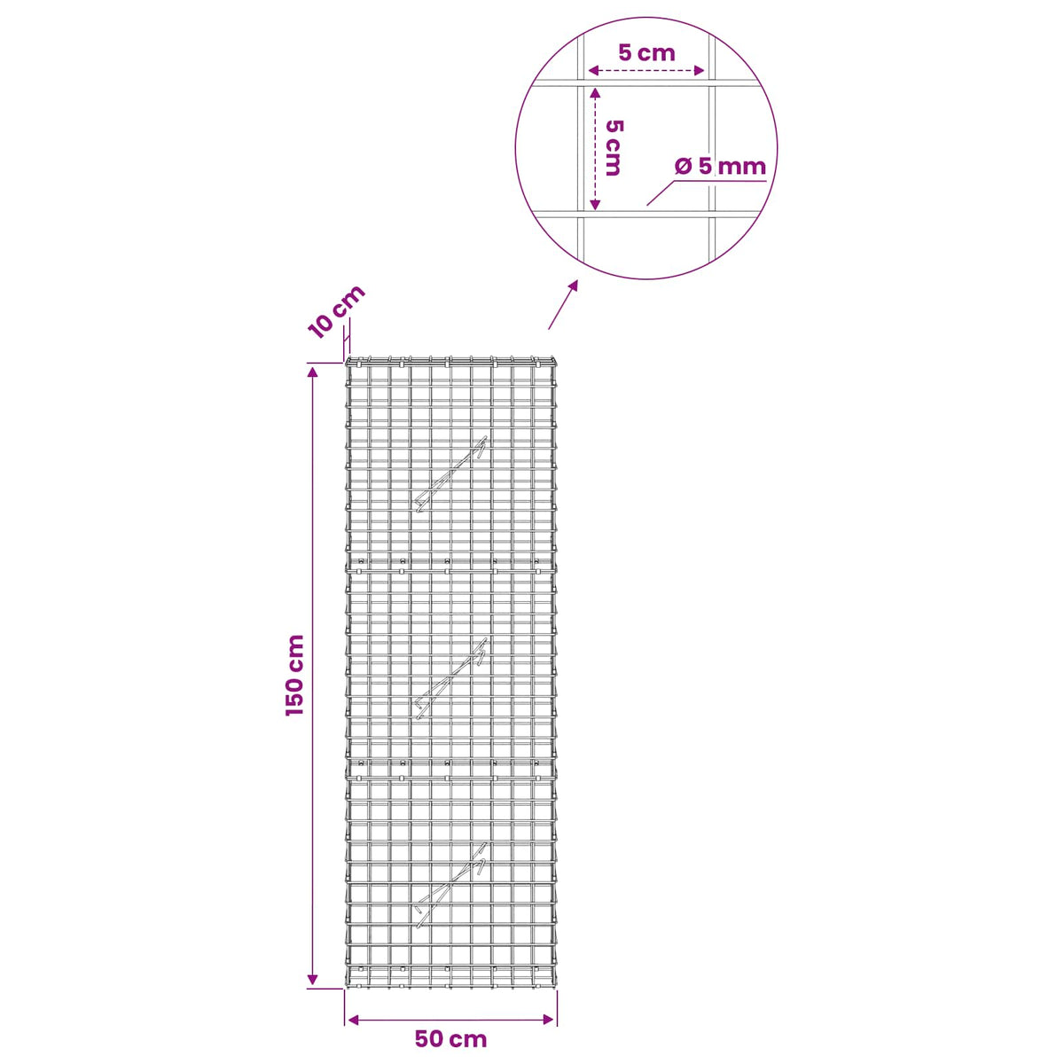 Gabionas su 5 mm viela ir 5x5 cm tinkleliu 50x10x150 cm