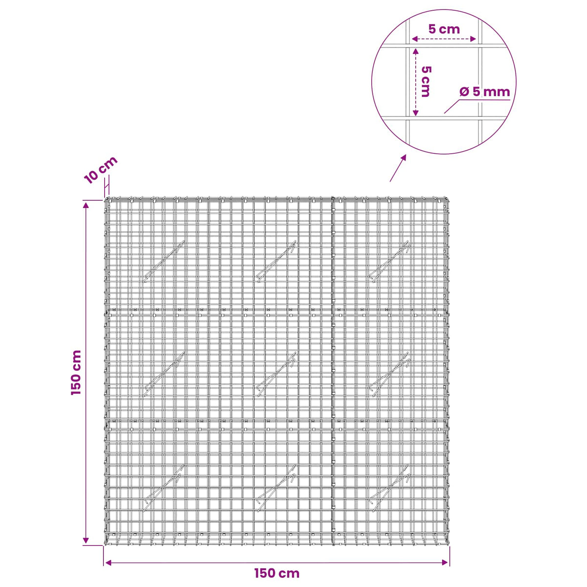Gabionas su 5 mm viela ir 5x5 cm tinkleliu 150x10x150 cm
