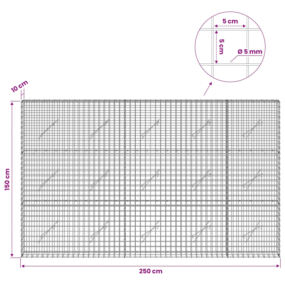 Gabionas su 5 mm viela ir 5x5 cm tinkleliu 250x10x150 cm