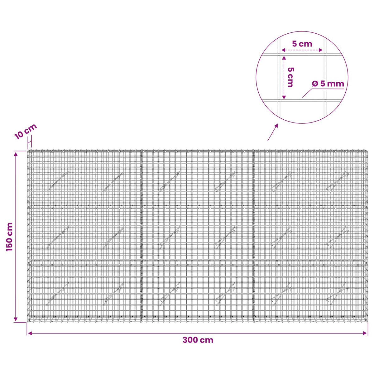 Gabionas su 5 mm viela ir 5x5 cm tinkleliu 300x10x150 cm