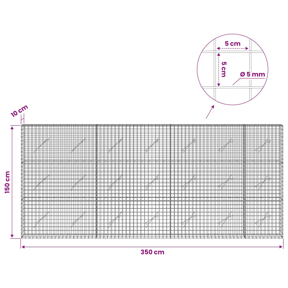 Gabionas su 5 mm viela ir 5x5 cm tinkleliu 350x10x150 cm