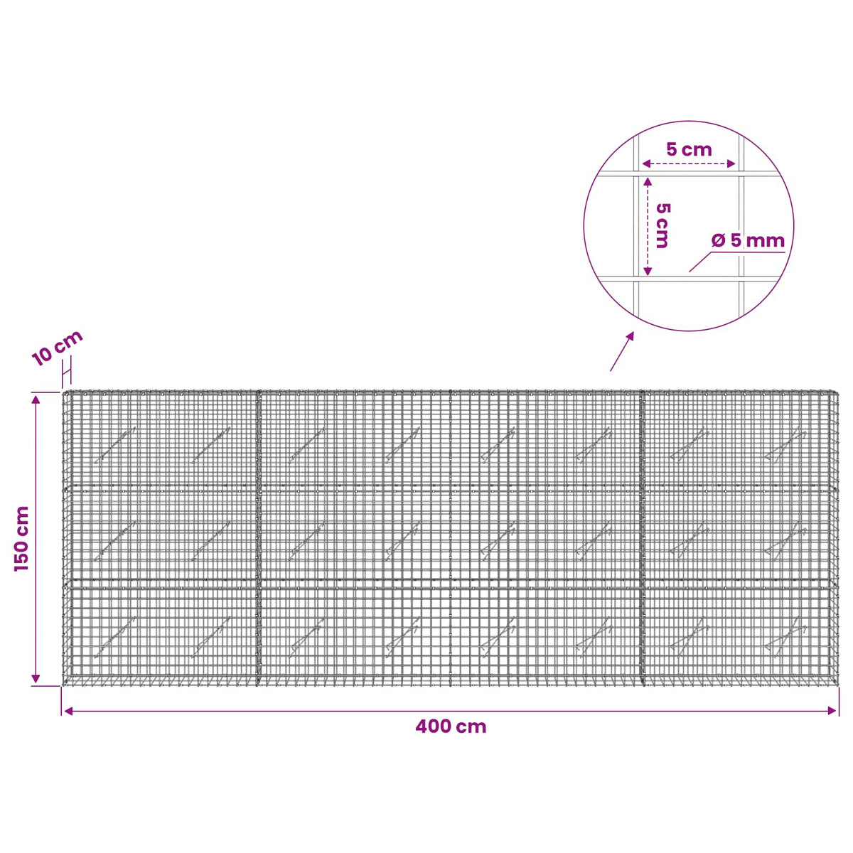 Gabionas su 5 mm viela ir 5x5 cm tinkleliu 400x10x150 cm