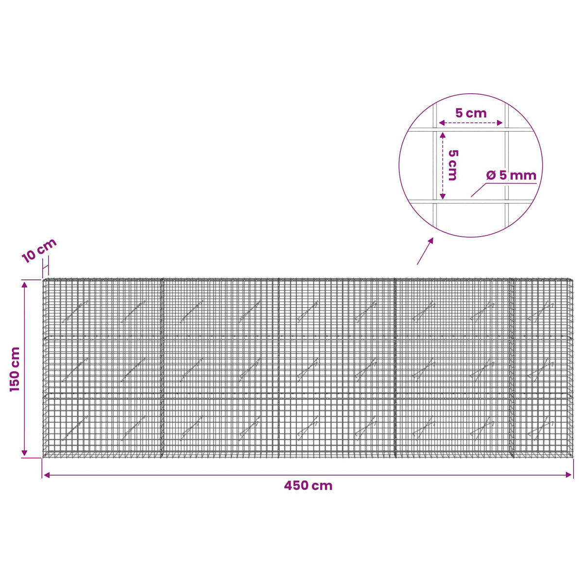 Gabionas su 5 mm viela ir 5x5 cm tinkleliu 450x10x150 cm