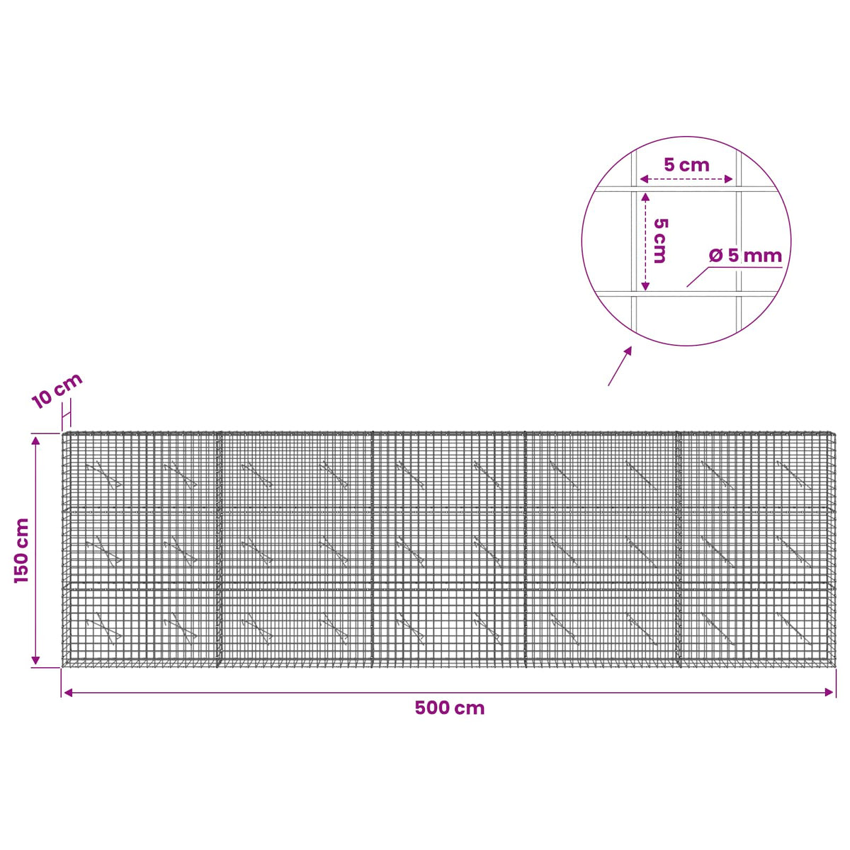 Gabionas su 5 mm viela ir 5x5 cm tinkleliu 500x10x150 cm