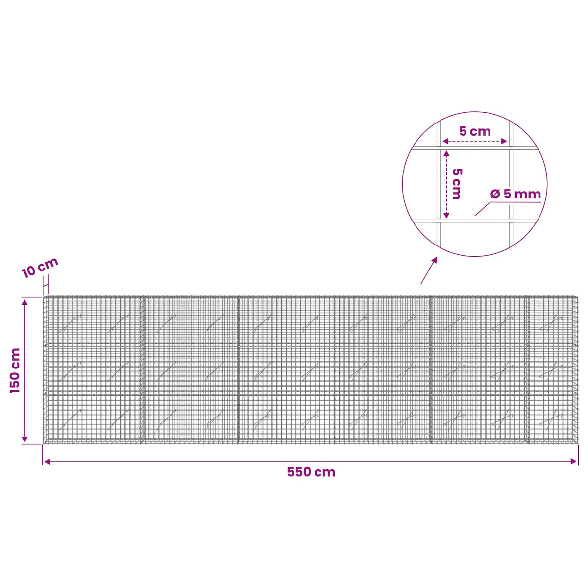 Gabionas su 5 mm viela ir 5x5 cm tinkleliu 550x10x150 cm