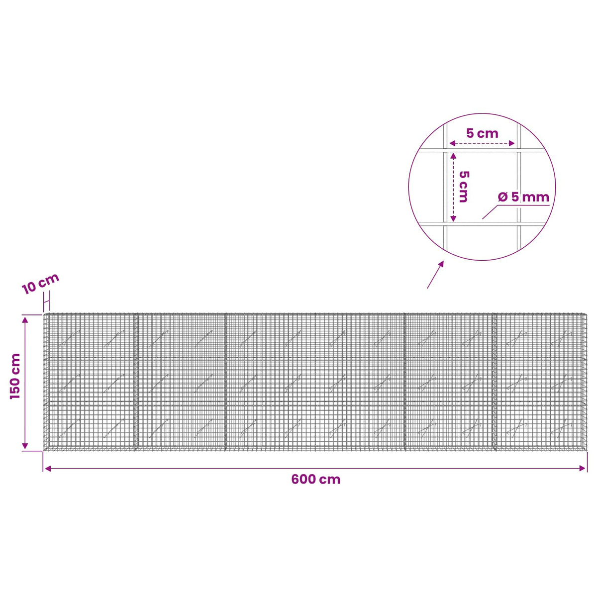 Gabionas su 5 mm viela ir 5x5 cm tinkleliu 600x10x150 cm
