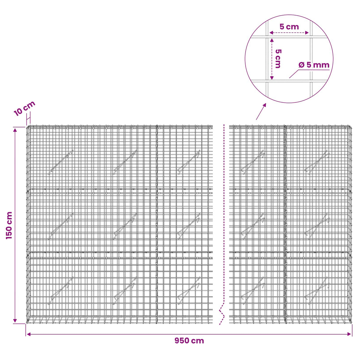 Gabionas su 5 mm viela ir 5x5 cm tinkleliu 950x10x150 cm