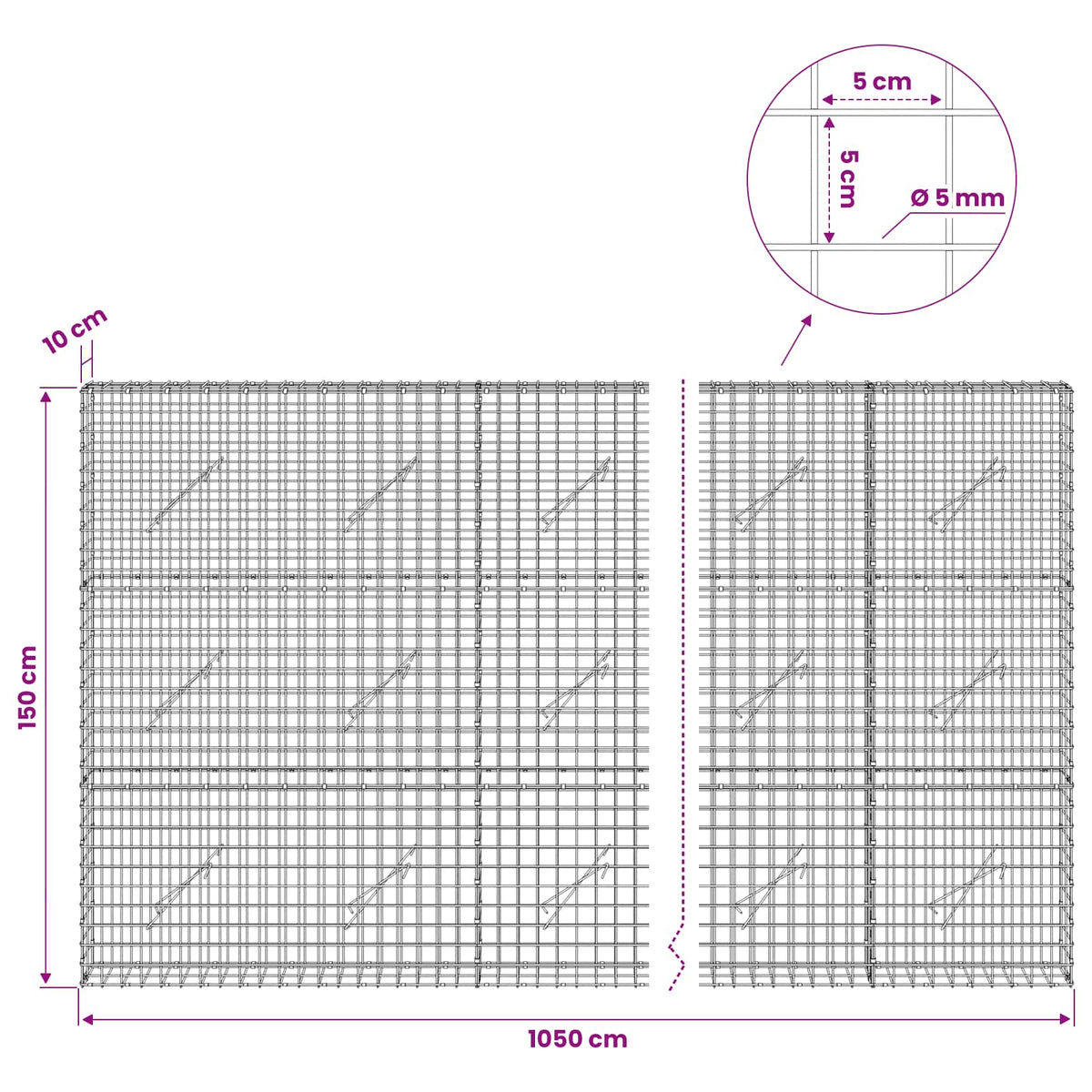 Gabionas su 5 mm viela ir 5x5 cm tinkleliu 1050x10x150 cm