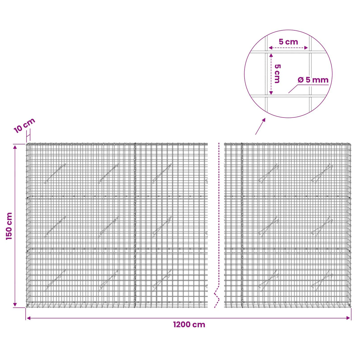 Gabionas su 5 mm viela ir 5x5 cm tinkleliu 1200x10x150 cm