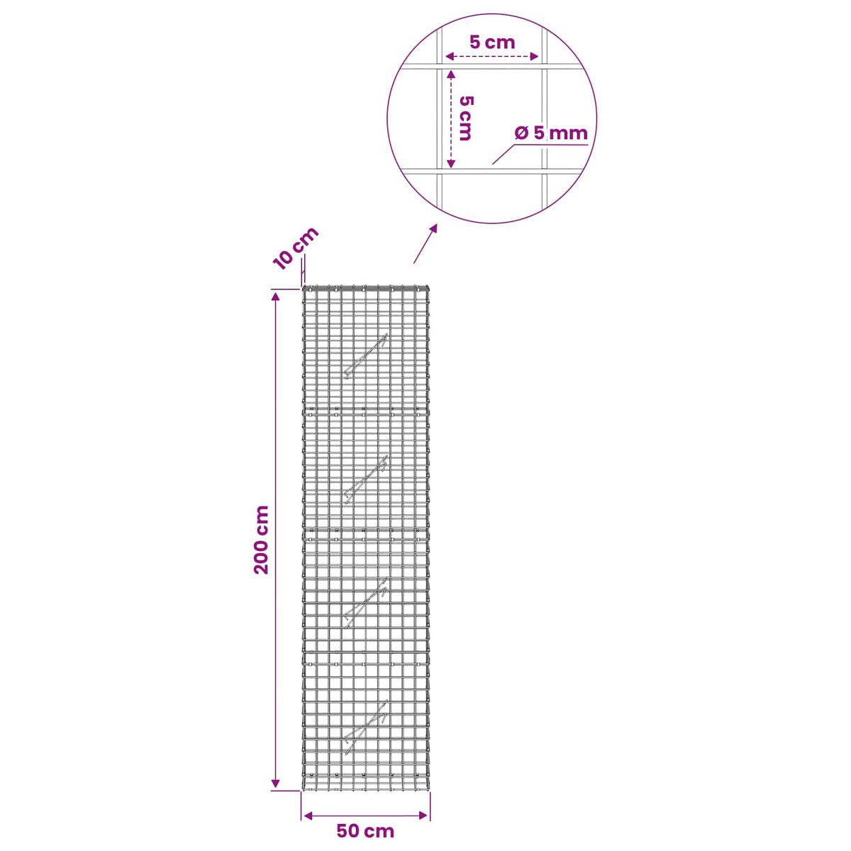 Gabionas su 5 mm viela ir 5x5 cm tinkleliu 50x10x200 cm