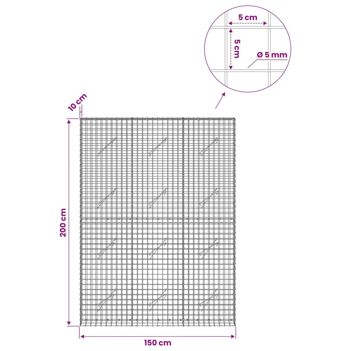 Gabionas su 5 mm viela ir 5x5 cm tinkleliu 150x10x200 cm