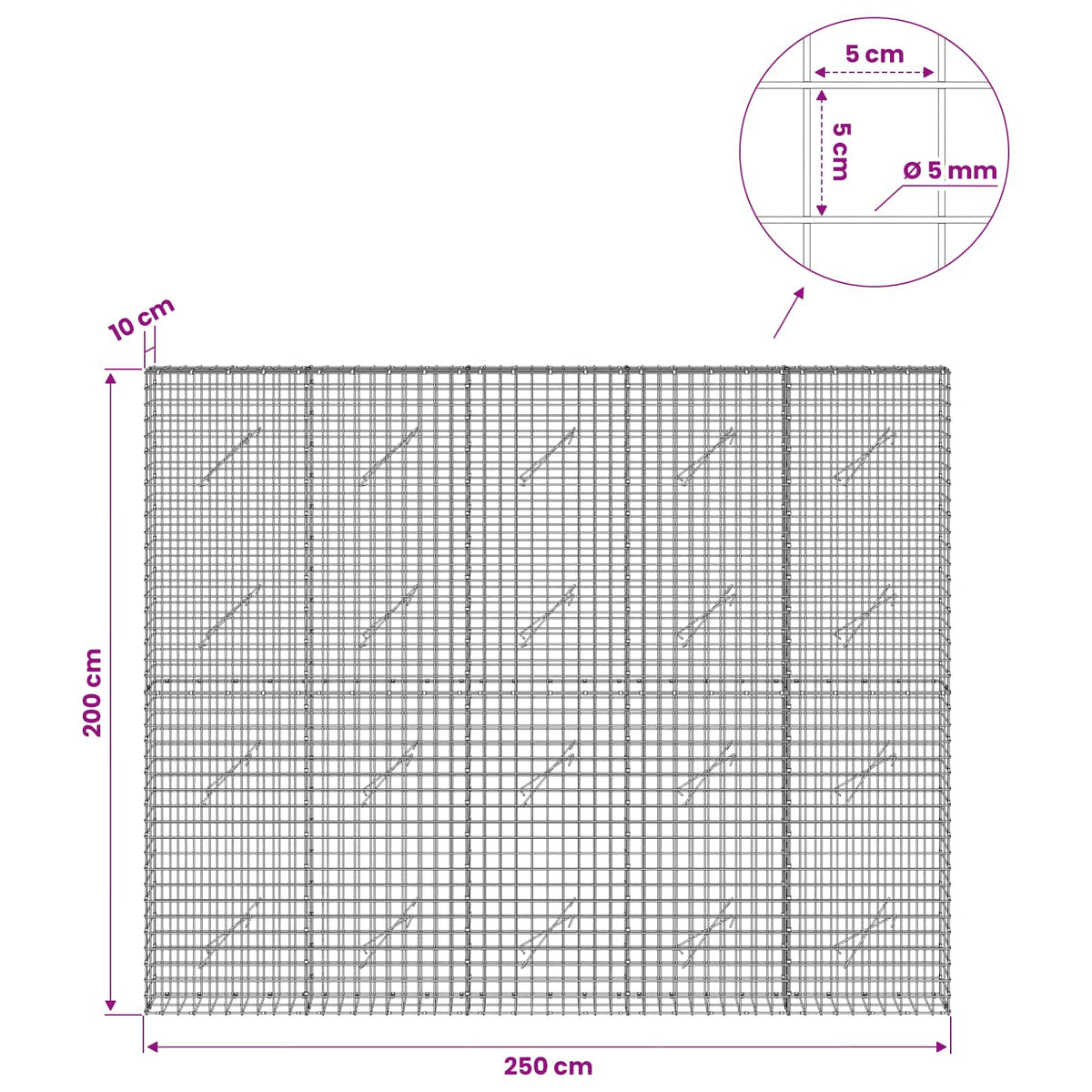 Gabionas su 5 mm viela ir 5x5 cm tinkleliu 250x10x200 cm