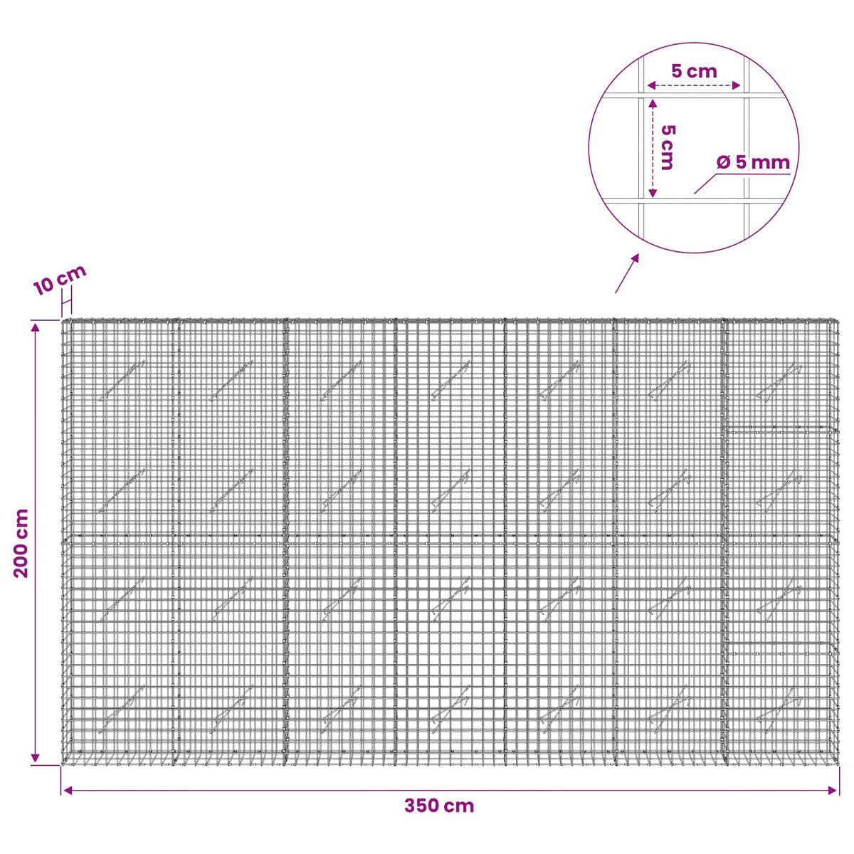 Gabionas su 5 mm viela ir 5x5 cm tinkleliu 350x10x200 cm