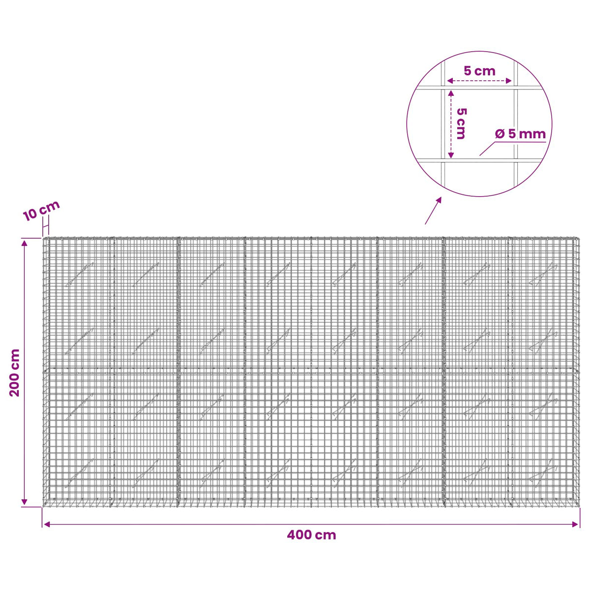Gabionas su 5 mm viela ir 5x5 cm tinkleliu 400x10x200 cm