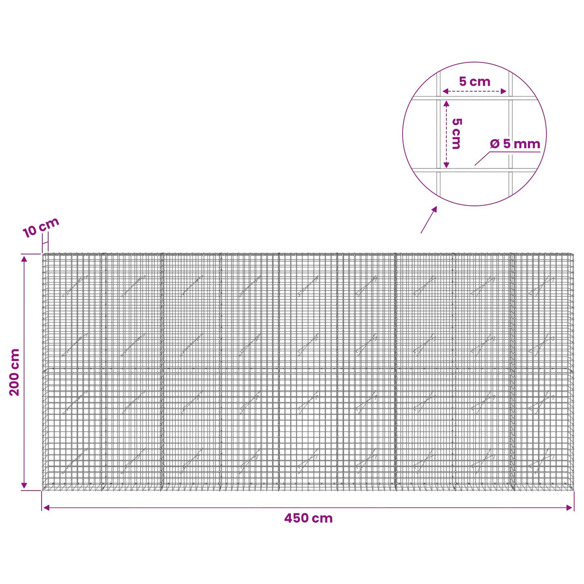 Gabionas su 5 mm viela ir 5x5 cm tinkleliu 450x10x200 cm