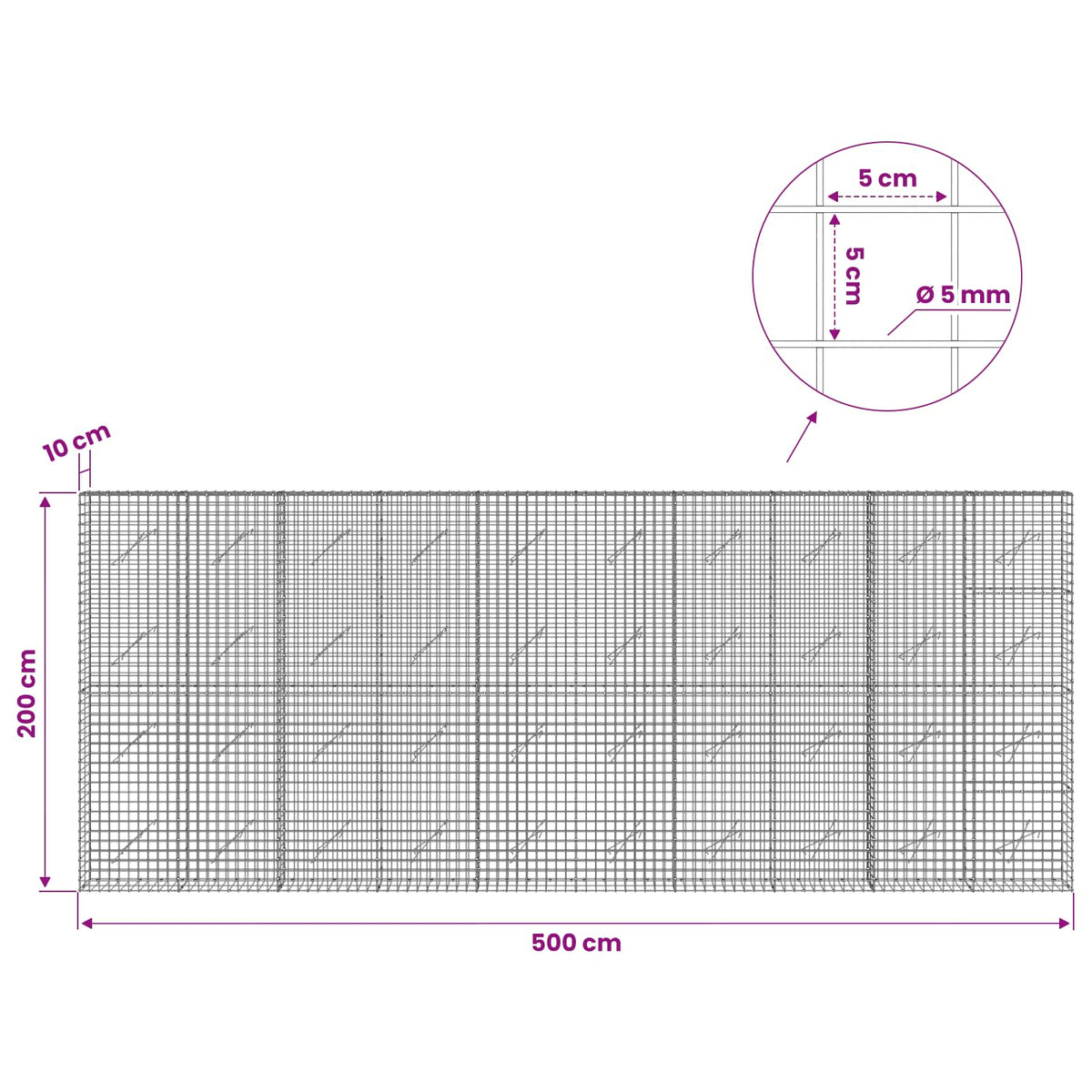 Gabionas su 5 mm viela ir 5x5 cm tinkleliu 500x10x200 cm