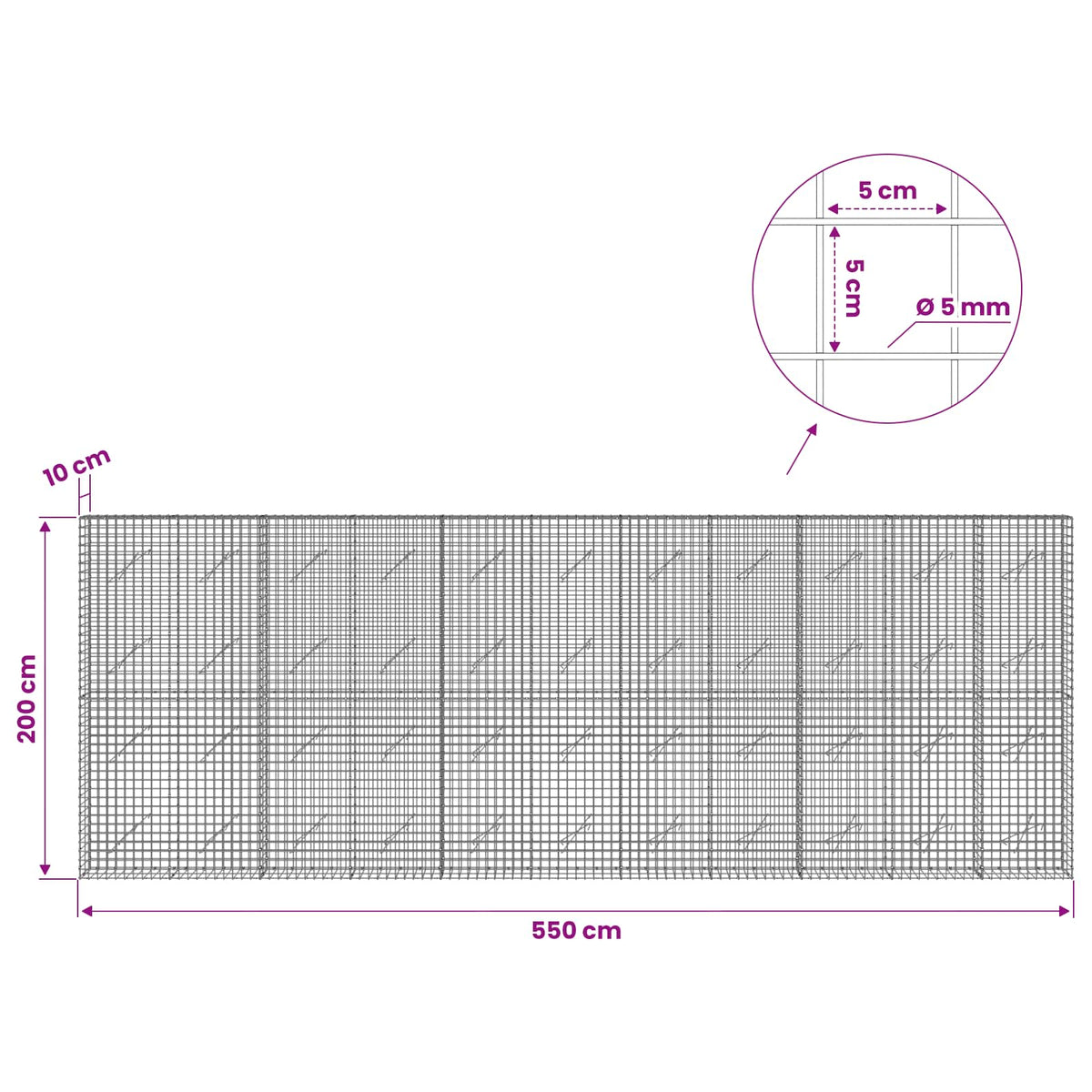 Gabionas su 5 mm viela ir 5x5 cm tinkleliu 550x10x200 cm