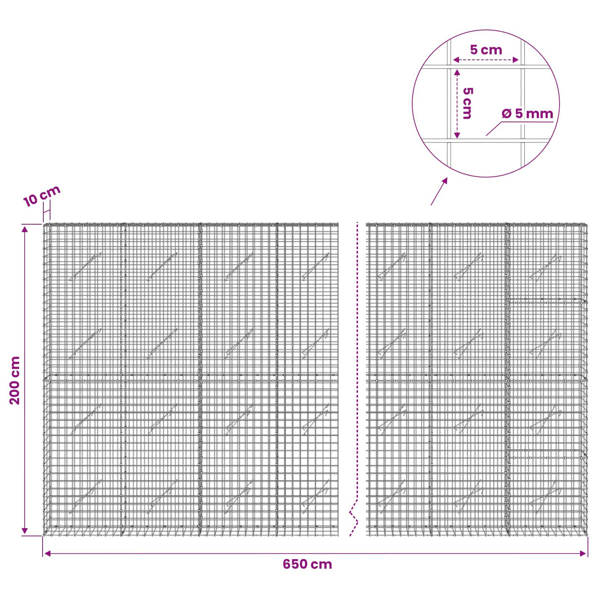 Gabionas su 5 mm viela ir 5x5 cm tinkleliu 650x10x200 cm