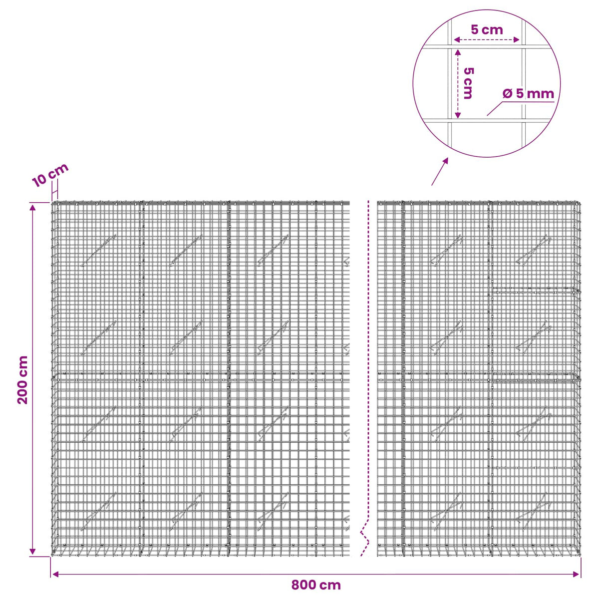 Gabionas su 5 mm viela ir 5x5 cm tinkleliu 800x10x200 cm