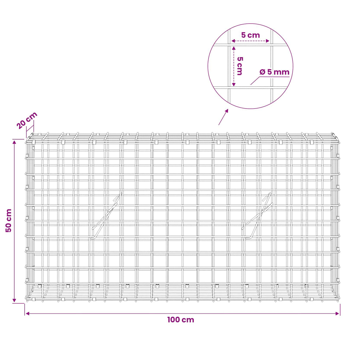 Gabionas su 5 mm viela ir 5x5 cm tinkleliu 100x20x50 cm