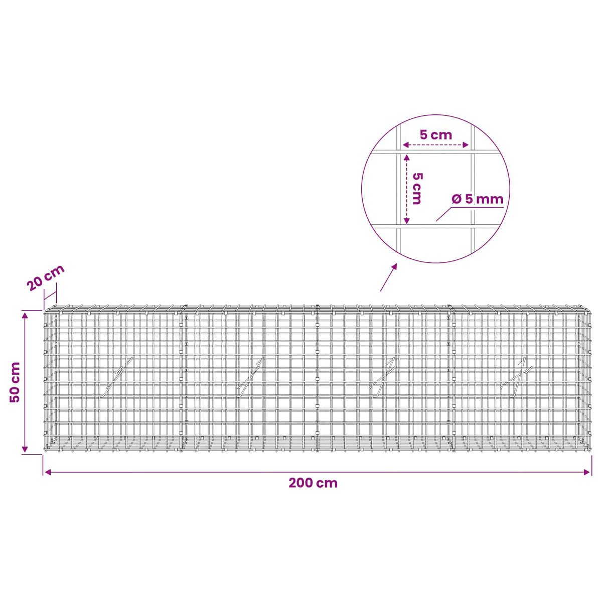 Gabionas su 5 mm viela ir 5x5 cm tinkleliu 200x20x50 cm