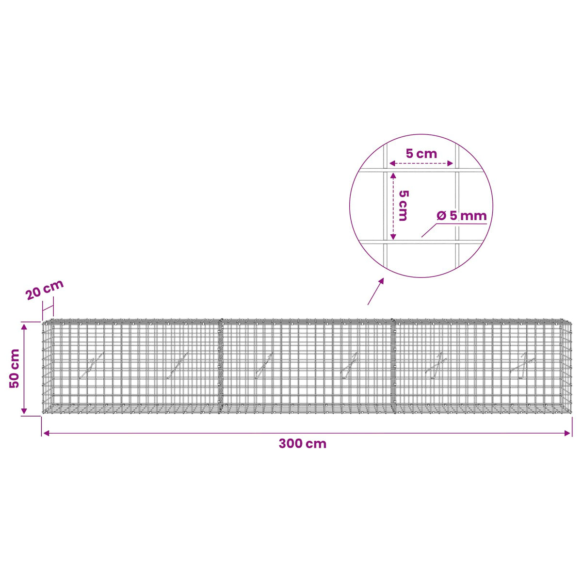 Gabionas su 5 mm viela ir 5x5 cm tinkleliu 300x20x50 cm