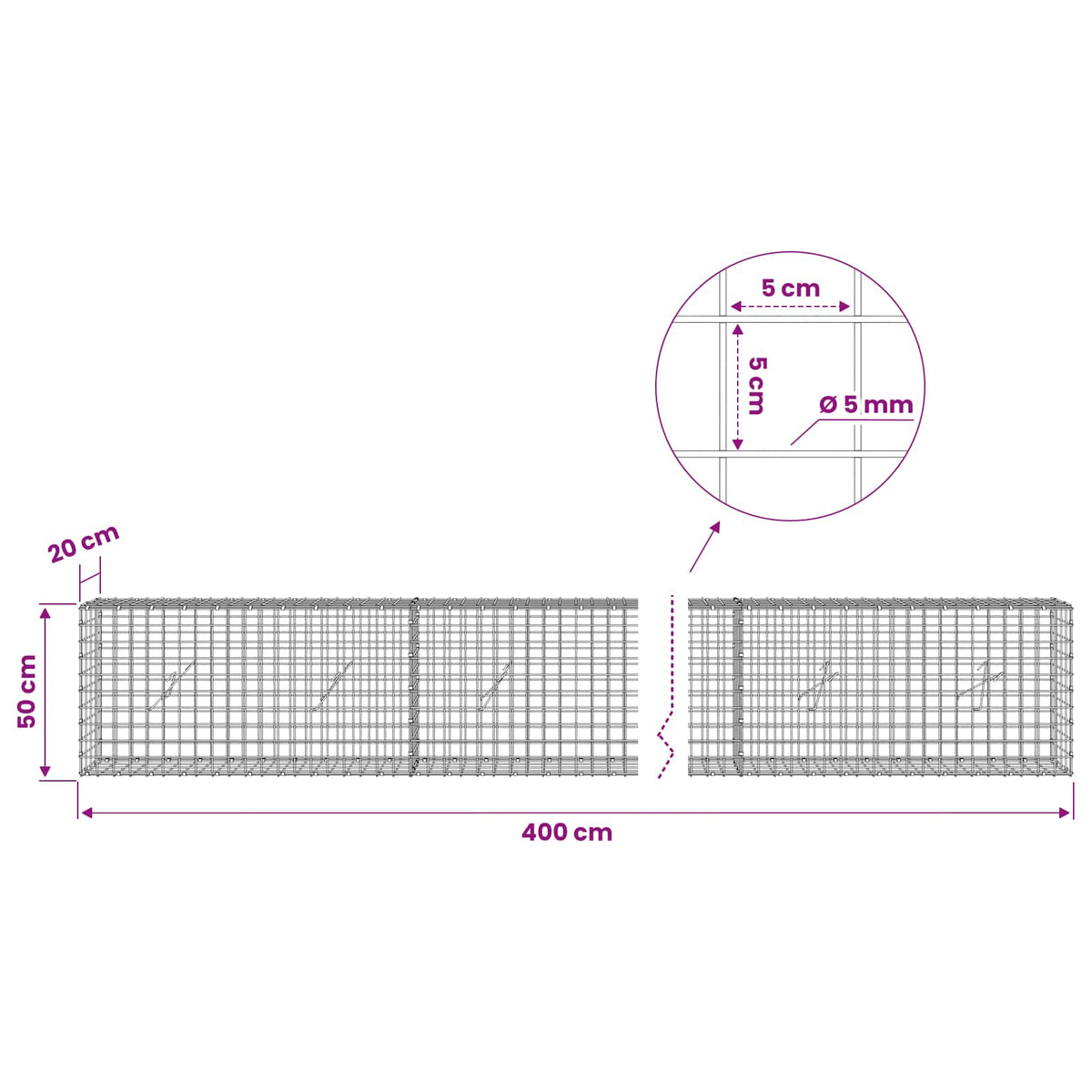 Gabionas su 5 mm viela ir 5x5 cm tinkleliu 400x20x50 cm